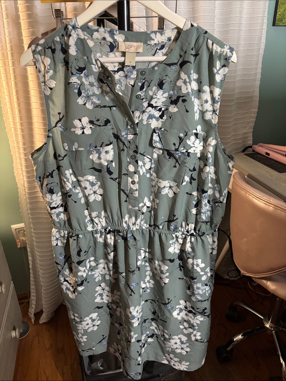 LOFT greyish blue Floral Sleeveless Midi Dress